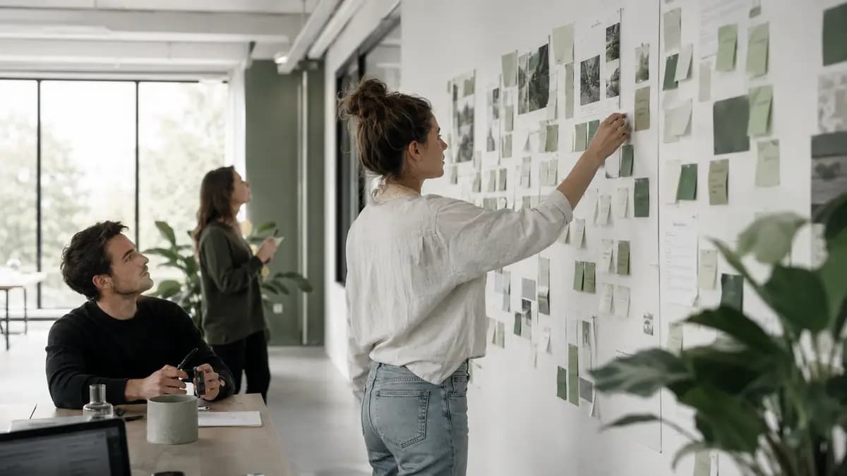 Bjorn werkt met een team aan een roadmap op een wand vol notities